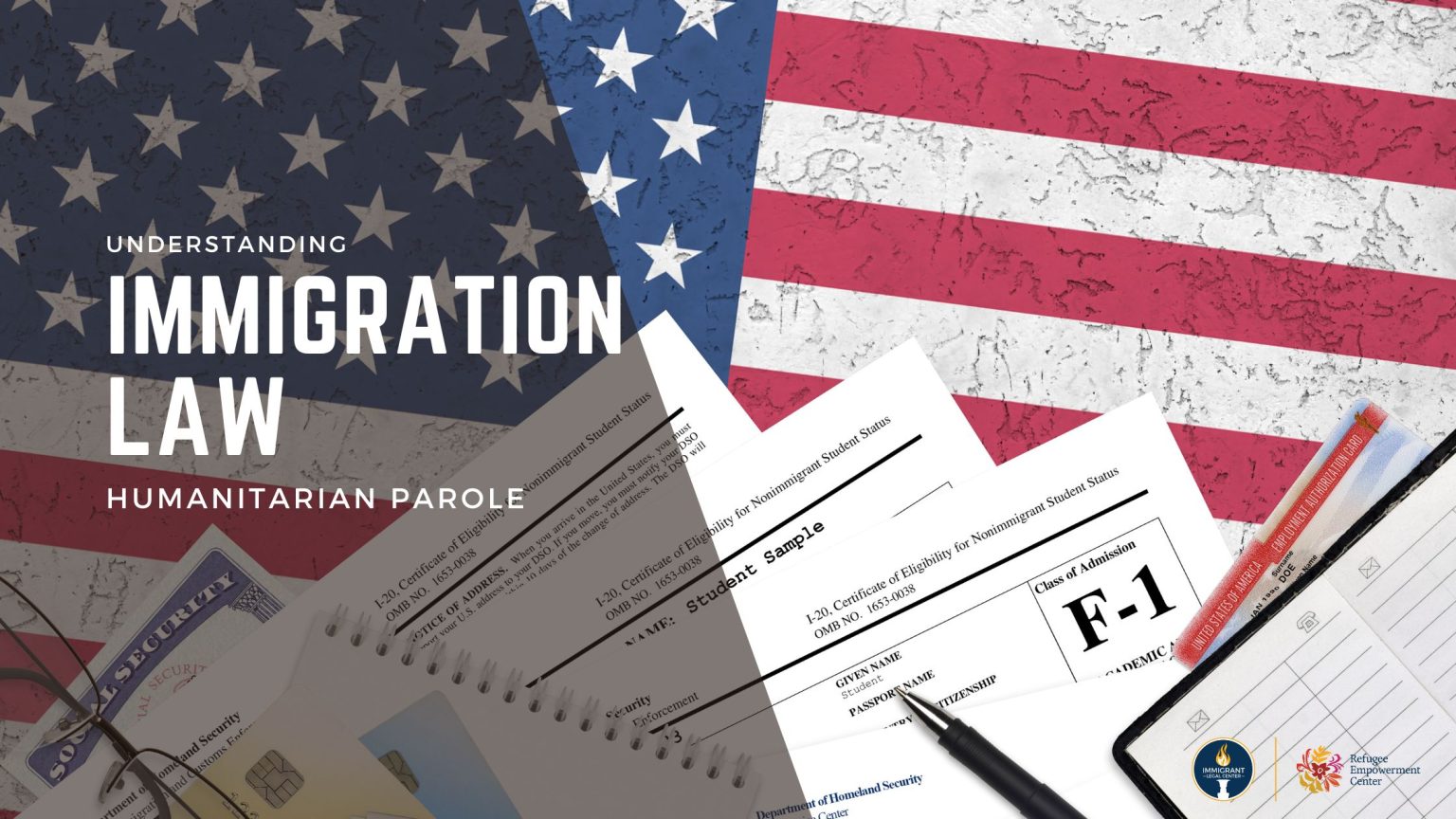 Understanding immigration law text over an American flag with immigration documents