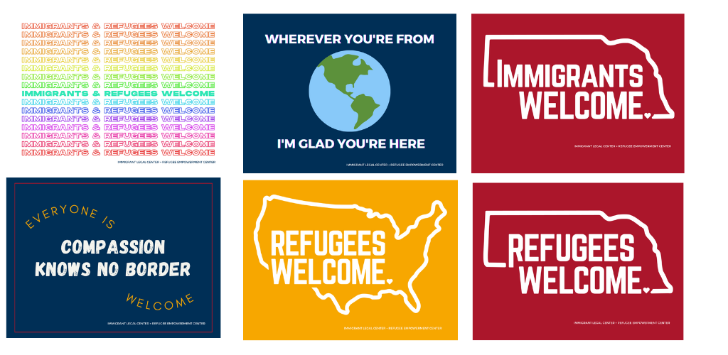 Limited edition stickers packs are back- picture of six stickers with phrases Immigrants and Refugees are Welcome